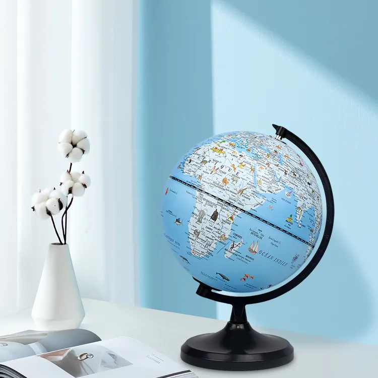 20cm (8") French Language Cartoon World Globe with Black Painted Metal Base & Meridian - World Globe